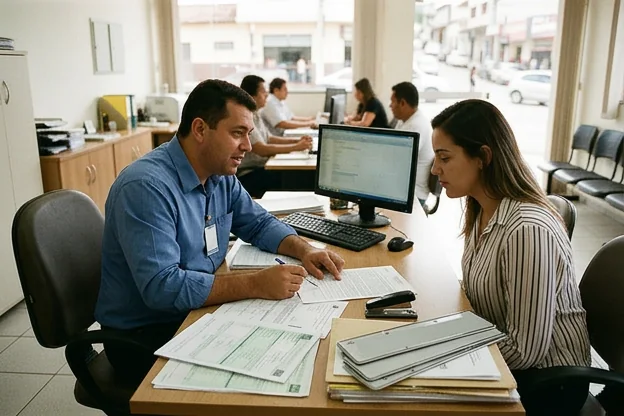 Despachante auxiliando cliente no registro de veículo em Ibirité.